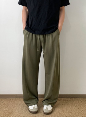 NSEEKE春夏季冰丝薄款弯刀休闲裤男垂感抽绳橄榄绿潮牌宽松直筒裤