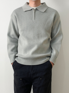 NSEEKE美式春秋款灰色老钱休闲针织衫男cleanfit翻领polo领毛衣潮