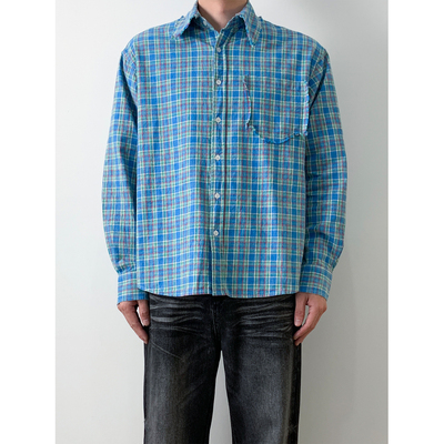 美式复古蓝格长袖宽松衬衫