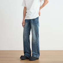 NSEEKE美式vibe闪电爆裂纹蓝色牛仔裤男cleanfit微喇水洗裤子直筒