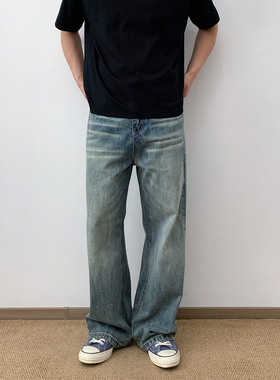 NSEEKE春夏新款竹节纹美式猫须牛仔裤男款纯棉直筒阔腿长裤子潮牌