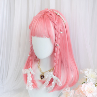 假发可爱女头发长发粉色长直发樱花粉公主风女童儿童小女孩全头套