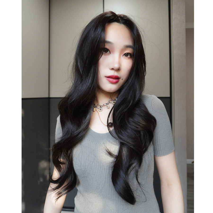 也萌中分八字刘海卷发假发女士长发大波浪全头套前额蕾丝外翻法式