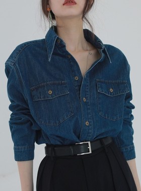 2025春秋新款港风衬衫法式高级设计感小众蓝色牛仔上衣外套衬衣女