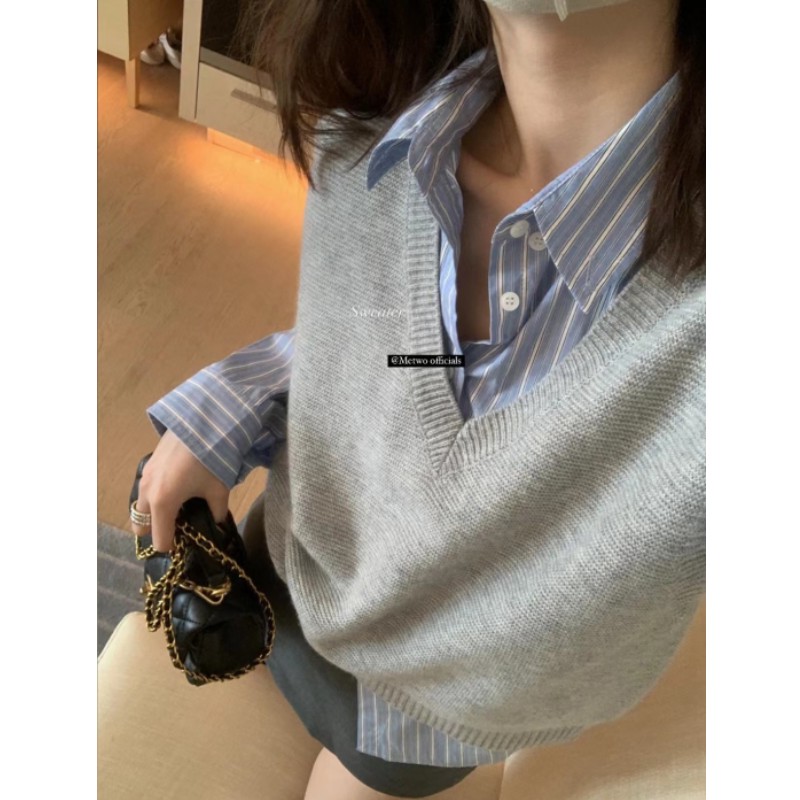 灰色马甲配衬衫女款v领针织衫秋冬2024新款学院外搭叠穿背心毛衣