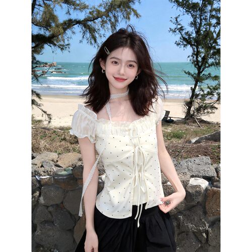 法式假两件波点拼接显瘦衬衫女