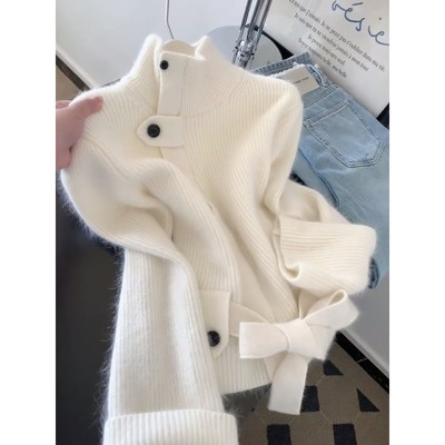 韩系慵懒风白色半高领绑带针织衫女秋冬新款宽松显瘦毛衣外套上衣