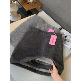 韩系灰色毛呢半身裙女秋冬小个子防走光高腰遮跨显瘦a字包臀短裙