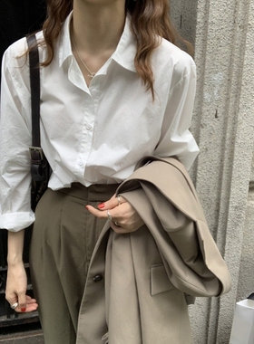 盐系百搭白色衬衫女春秋设计感小众简约轻奢宽松显瘦长袖上衣打底
