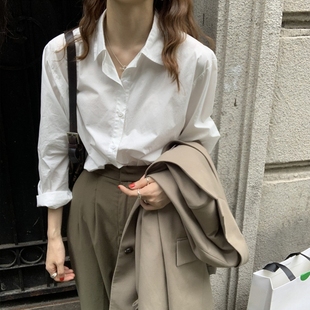 女设计感小众简约轻奢宽松显瘦长袖 盐系百搭白色纯棉衬衫 上衣打底