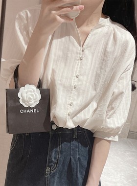 白色棉麻短袖衬衫女夏设计感小众气质休闲亚麻衬衣别致五分袖上衣