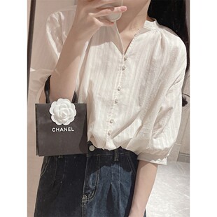 上衣 女夏设计感小众气质休闲亚麻衬衣别致五分袖 白色棉麻短袖 衬衫