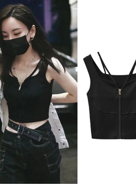 黑色辣妹修身短款女针织吊带背心于文文同款
