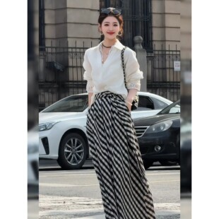 韩式高级感两件套女2026春季蕾丝拼接衬衫条纹半裙套装洋气减龄