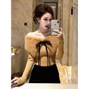 纯欲甜辣妹修身短款毛领拼接毛衣针织打底衫女内搭秋冬一字肩上衣