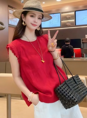 红色无袖衬衫衬衣女夏季2025新款巨好看的小衫棉麻上衣女高端亚麻