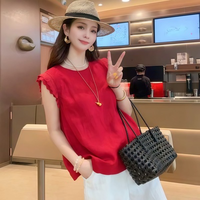 红色无袖衬衫衣女夏季2025