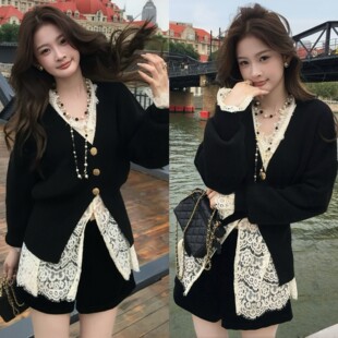 短裤 早秋穿搭套装 外套蕾丝衬衫 气质减龄针织开衫 三件套 女韩系时尚