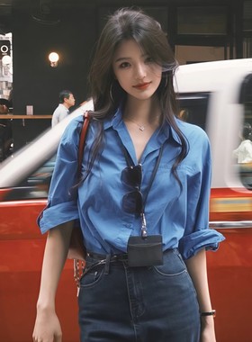 港风复古蓝色长袖衬衫女秋季新款高级感polo翻领衬衣宽松气质上衣