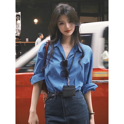 港风复古蓝色长袖衬衫女秋