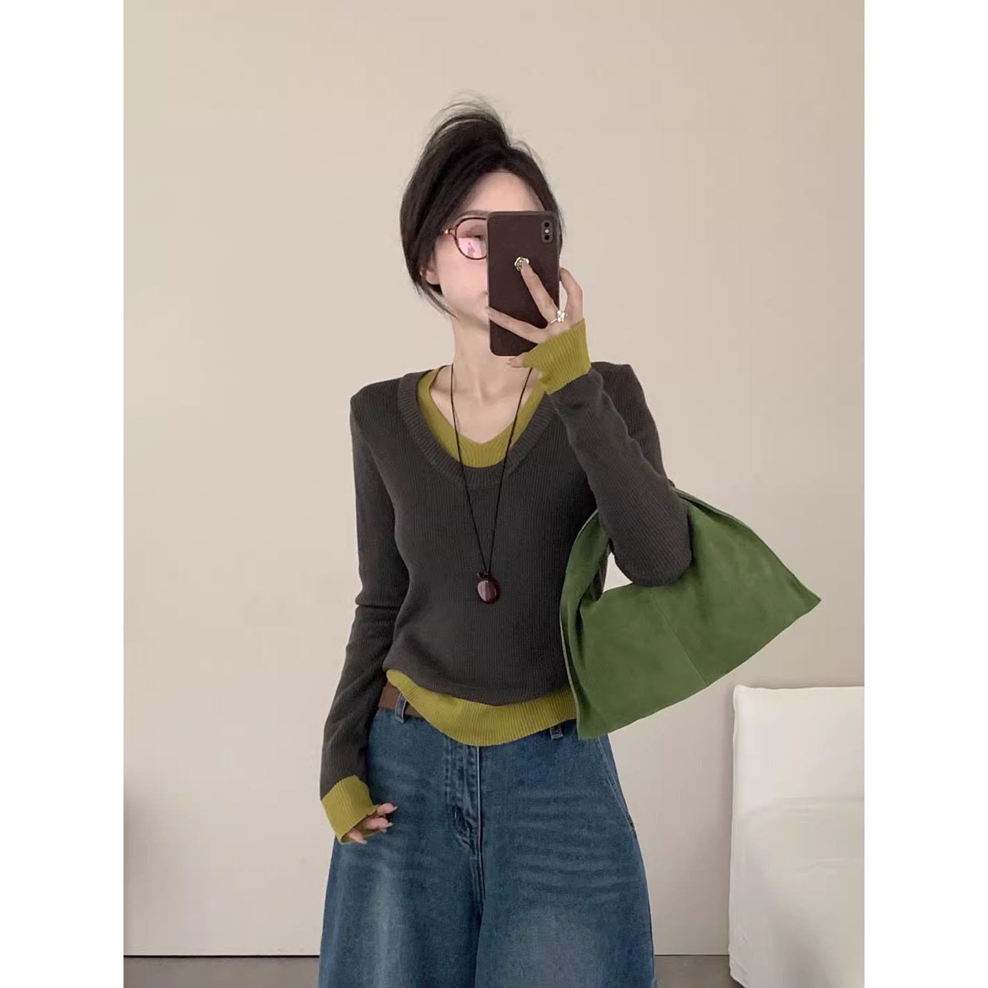 高级感小众秋冬撞色假两件