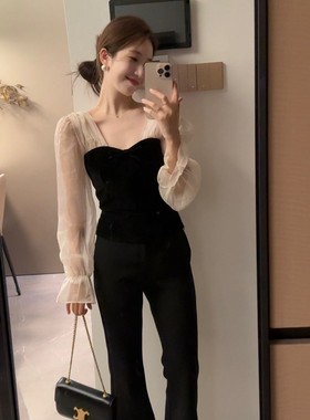 法式复古黑色方领打底丝绒衬衫女秋冬轻奢高级感内搭减龄洋气上衣