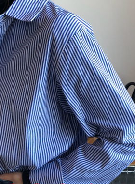 秋冬内搭细条纹宽松POLO领衬衫女韩范简约打底蓝色条纹衬衣上衣女