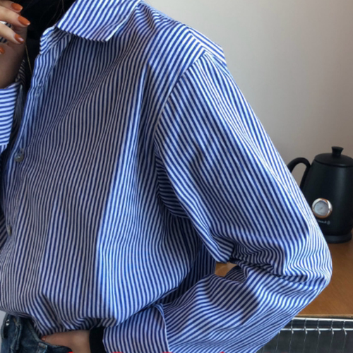 秋冬内搭细条纹宽松简约蓝色衬衣