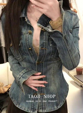 美式复古蓝色polo领牛仔衬衫女装秋季高级感收腰修身显瘦外套上衣