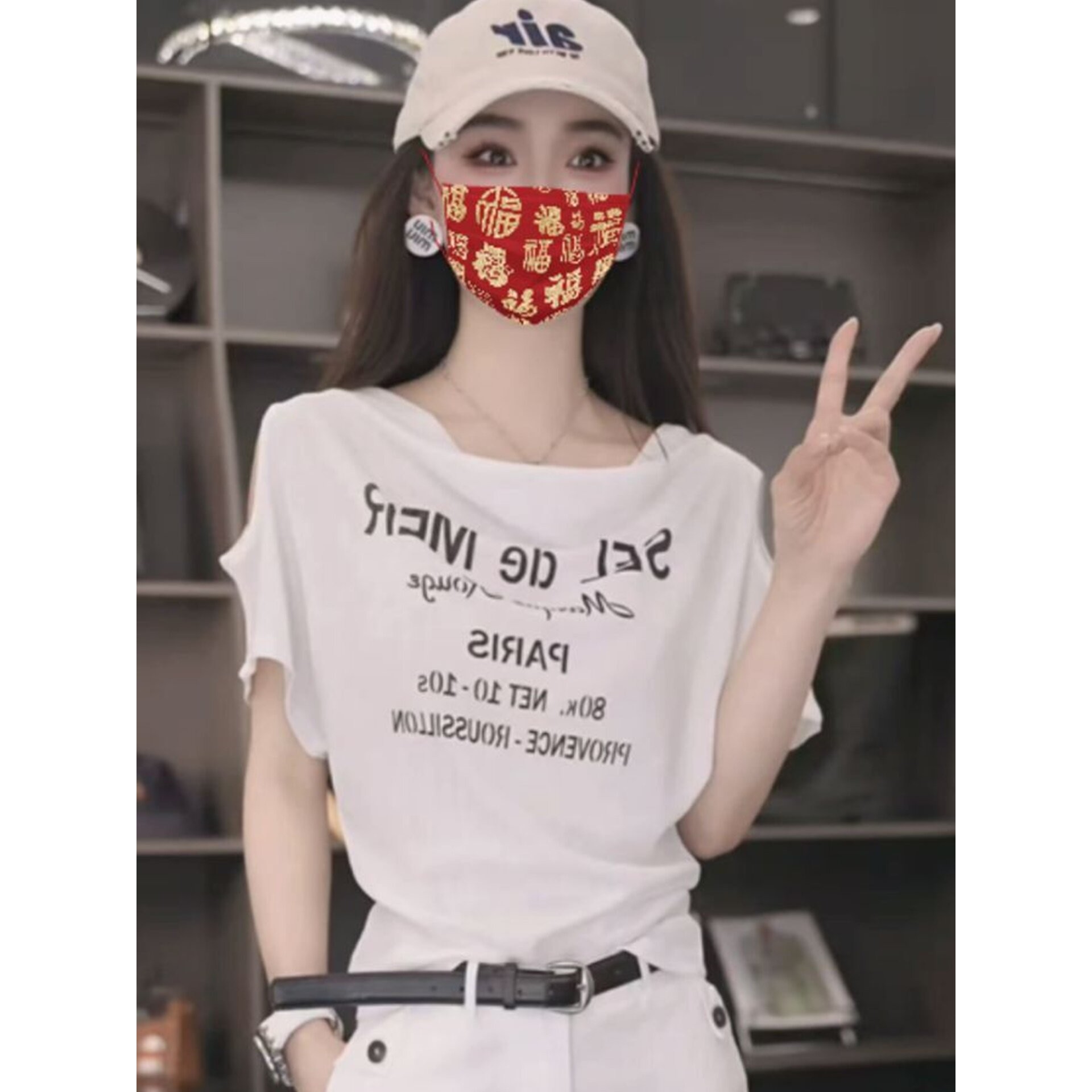 设计感小众荡领露肩短袖t恤女夏季韩系独特绝美小衫字母印花上衣
