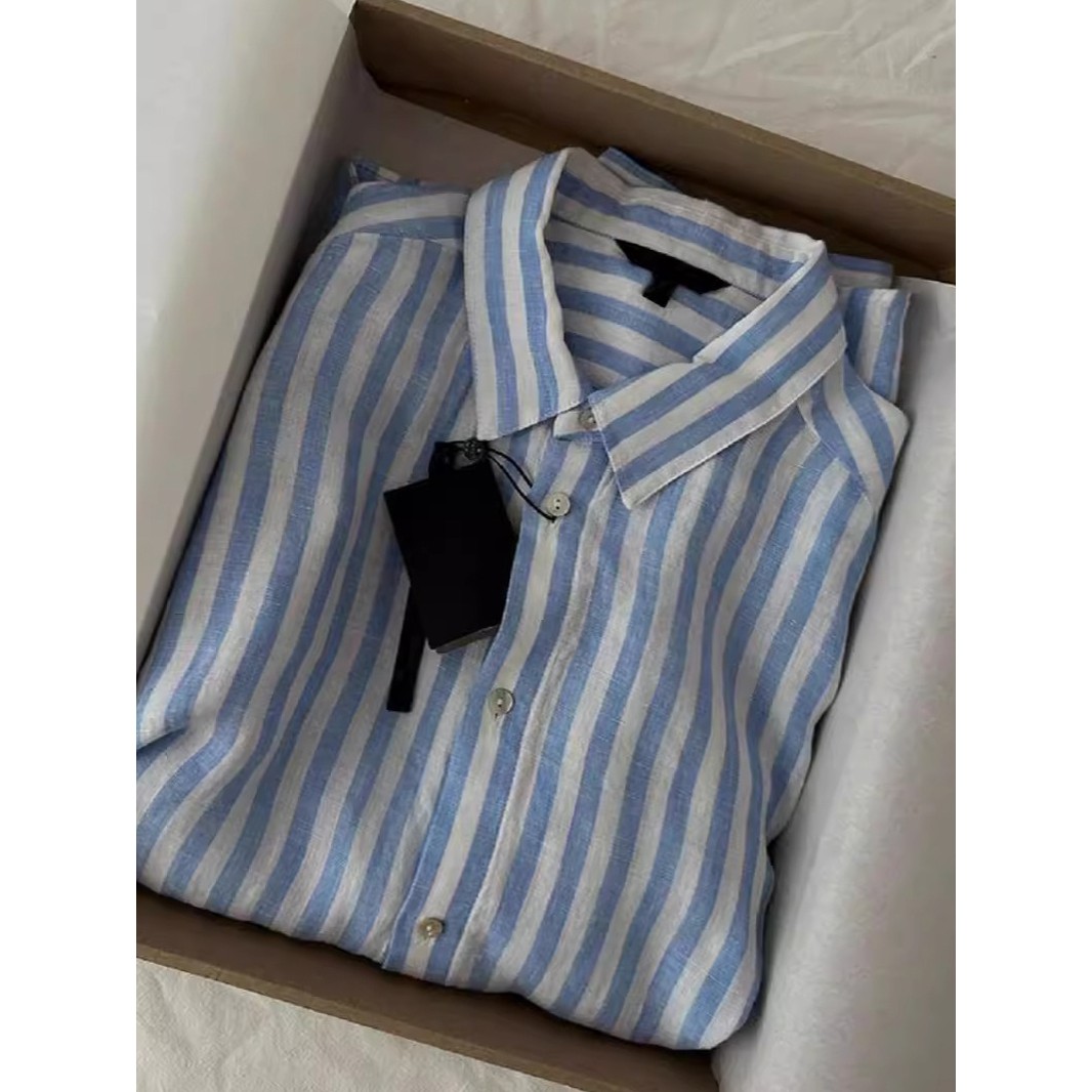 法式蓝色条纹亚麻衬衫女夏