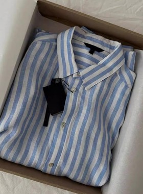 法式蓝色条纹亚麻衬衫女夏季薄款宽松休闲松弛感棉麻衬衣防晒上衣