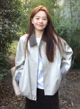 韩系早春女短款工装拼色夹克