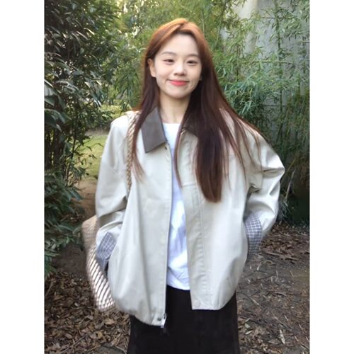 韩系早春女短款工装拼色夹克