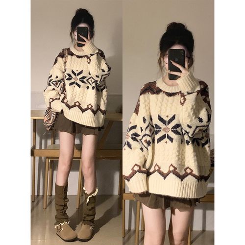 费尔岛毛衣女秋冬季加厚宽松慵懒风设计感套头针织衫圣诞穿搭外套