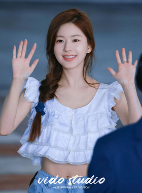 赵露思同款白色荷叶边衬衫女25短款露脐韩系甜美蛋糕小飞袖上衣