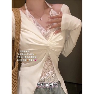超好看单穿上衣早秋白色纯欲挂脖蕾丝假两件长袖 T恤女内搭打底衫