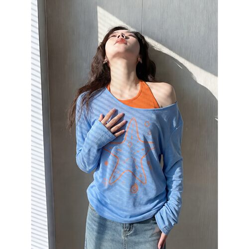 韩系斜肩长袖提花防晒T恤罩衫