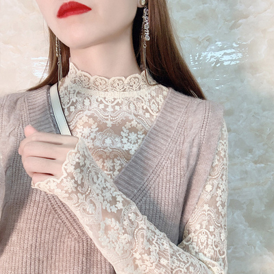 配毛衣内搭小衫半高领网纱上衣