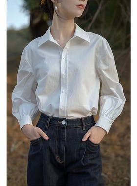 纯棉白色衬衫女气质洋气小个子衬衣春秋新款设计感小众百搭韩上衣