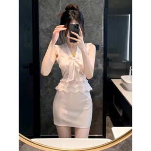 法式纯欲风蕾丝拼接v领无袖背心半身裙两件套女秋冬气质绝美套装