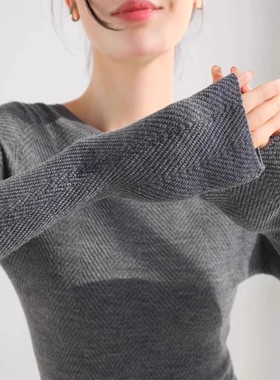 法式灰色高级感圆领长袖针织t恤女秋季巨好看修身简约打底衫上衣