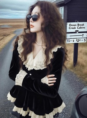 法式蕾丝花边黑色荷叶边丝绒衬衫女2025秋冬新款甜美洋气减龄衬衣