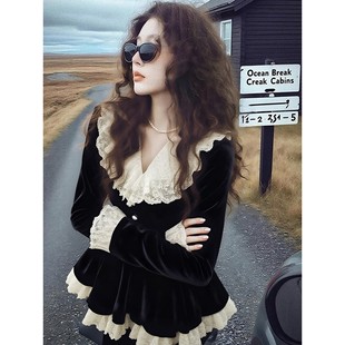 甜美洋气减龄衬衣 女2025秋冬新款 法式 蕾丝花边黑色荷叶边丝绒衬衫