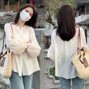 韩系chic灯笼袖珠光质感长袖防晒衬衫女士春秋季宽松天丝罩衫上衣