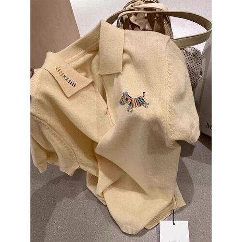 韩系Polo领黄色小马针织短袖T恤女夏季设计感冰丝正肩翻领上衣薄