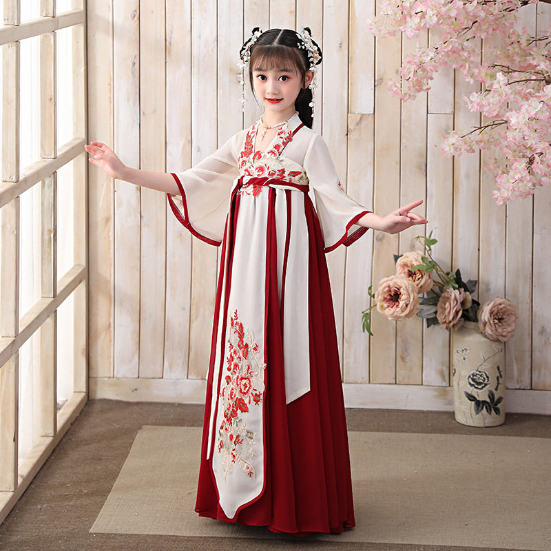 중국 스타일 소녀 HANFU 쉬폰 2022 하이 엔드 레드 슈퍼 요정 베이비 스커트 거즈 고대 스타일 드레스 여름