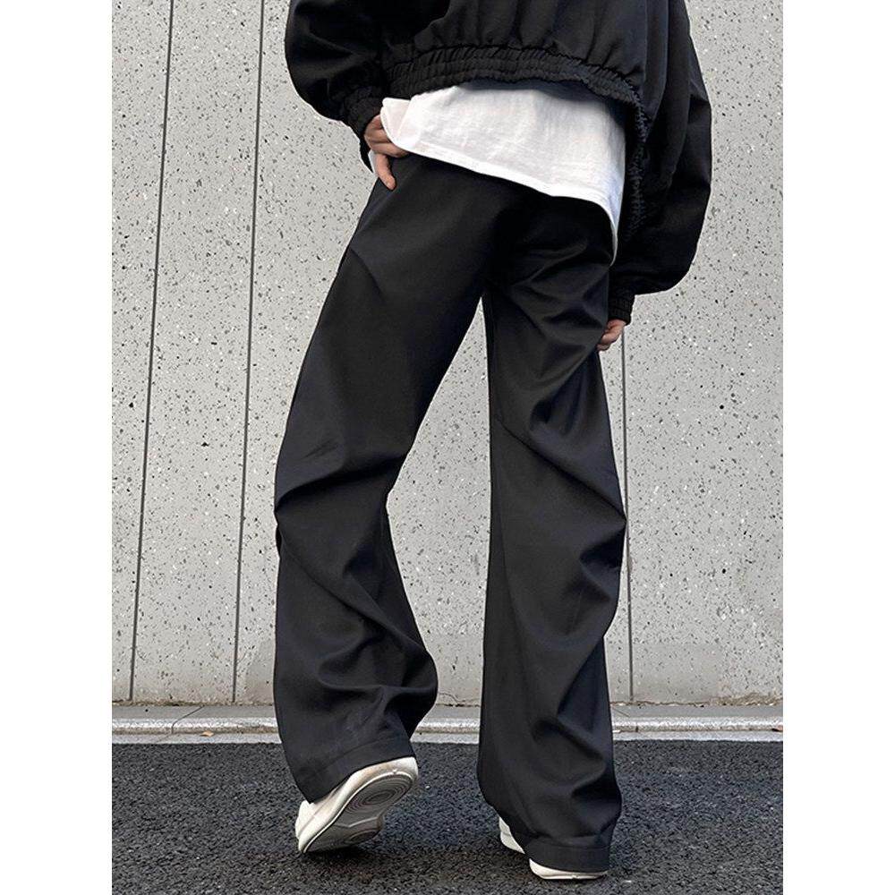 褶皱拖地微喇休闲裤春秋季宽松垂感黑色西裤潮男伞兵直筒裤子男士