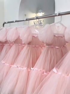 儿童洋气粉色连衣裙女孩夏装 泡泡袖 2024新款 女童礼服公主裙夏季 裙