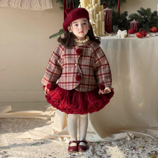 圣诞服饰儿童tutu裙宝宝加绒格子毛呢外套 新款 女童套装 2025秋冬装